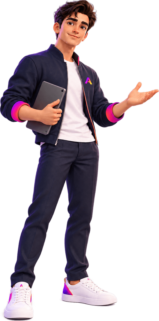Ads, ADVA's assistant, holding a tablet and gesturing towards you